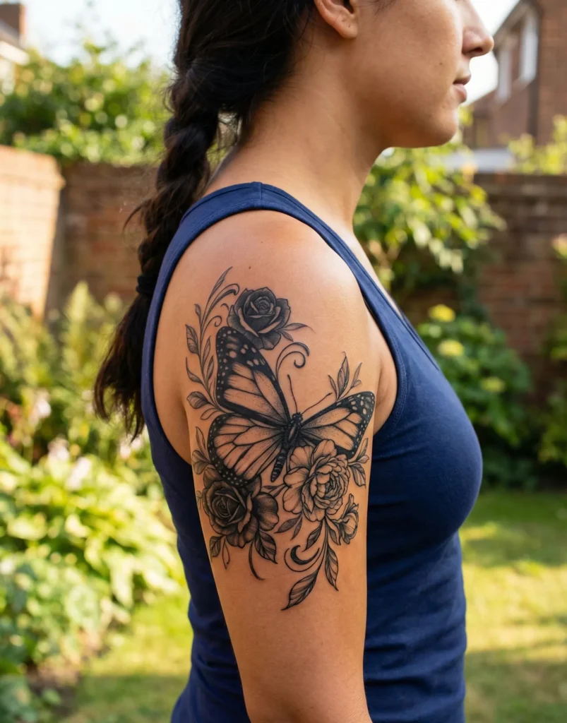 Black Butterfly with Floral Accents