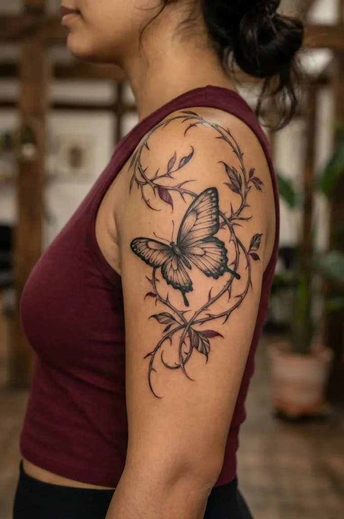 Black Butterfly with Thorned Vines