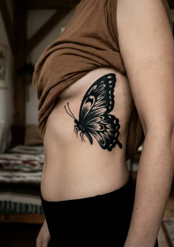 Bold Blackwork Butterfly Rib Tattoos