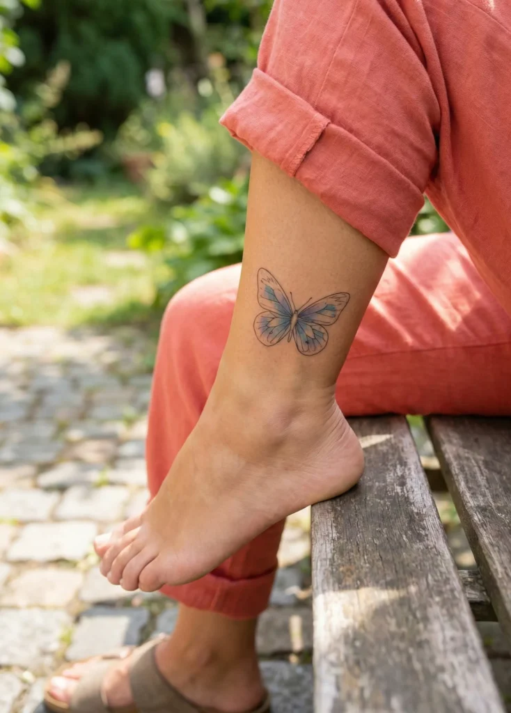 Butterfly Ankle Tattoo with Light Linework