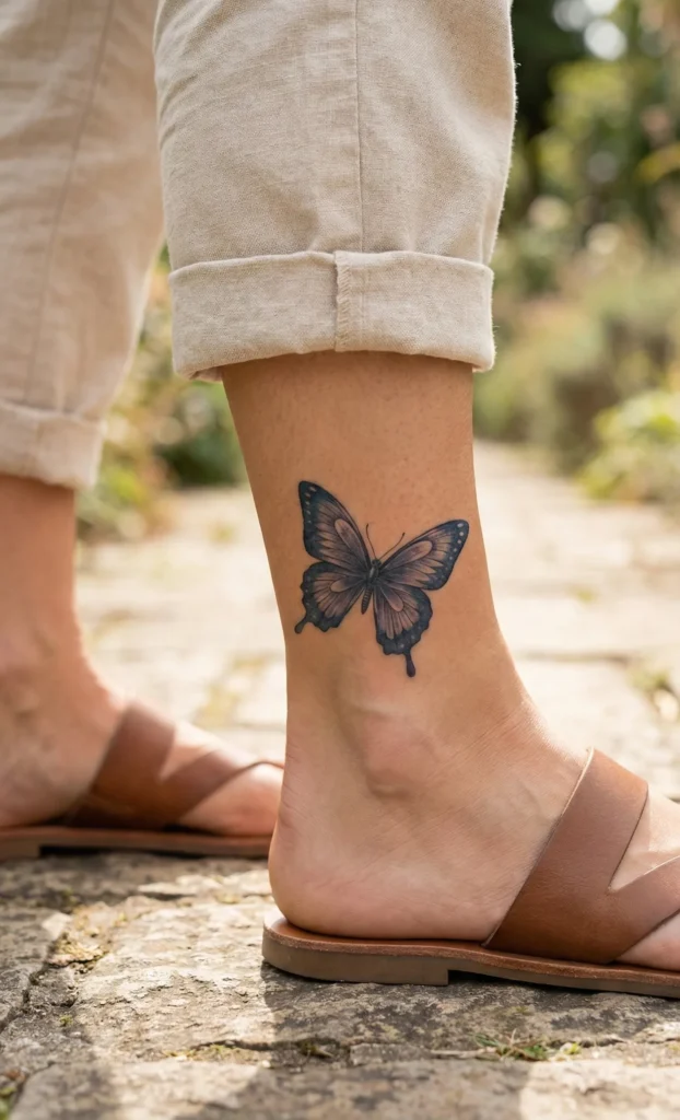 Butterfly Ankle Tattoo with Open Wings