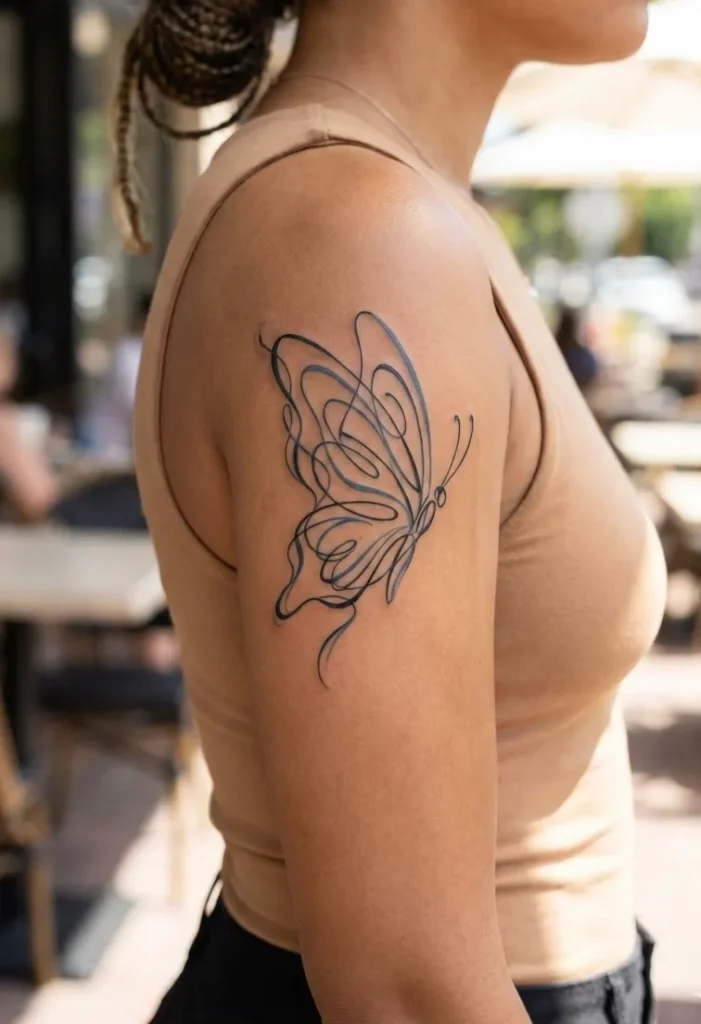 Butterfly Arm Tattoo with Abstract Line Art