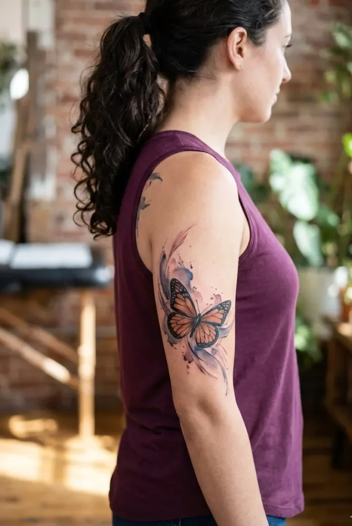Butterfly Arm Tattoo with Abstract Stroke Background