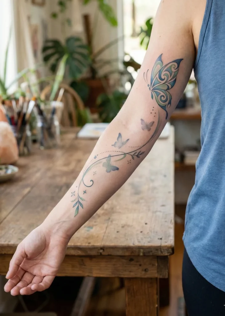 Butterfly Arm Tattoo with Abstract Wing Art