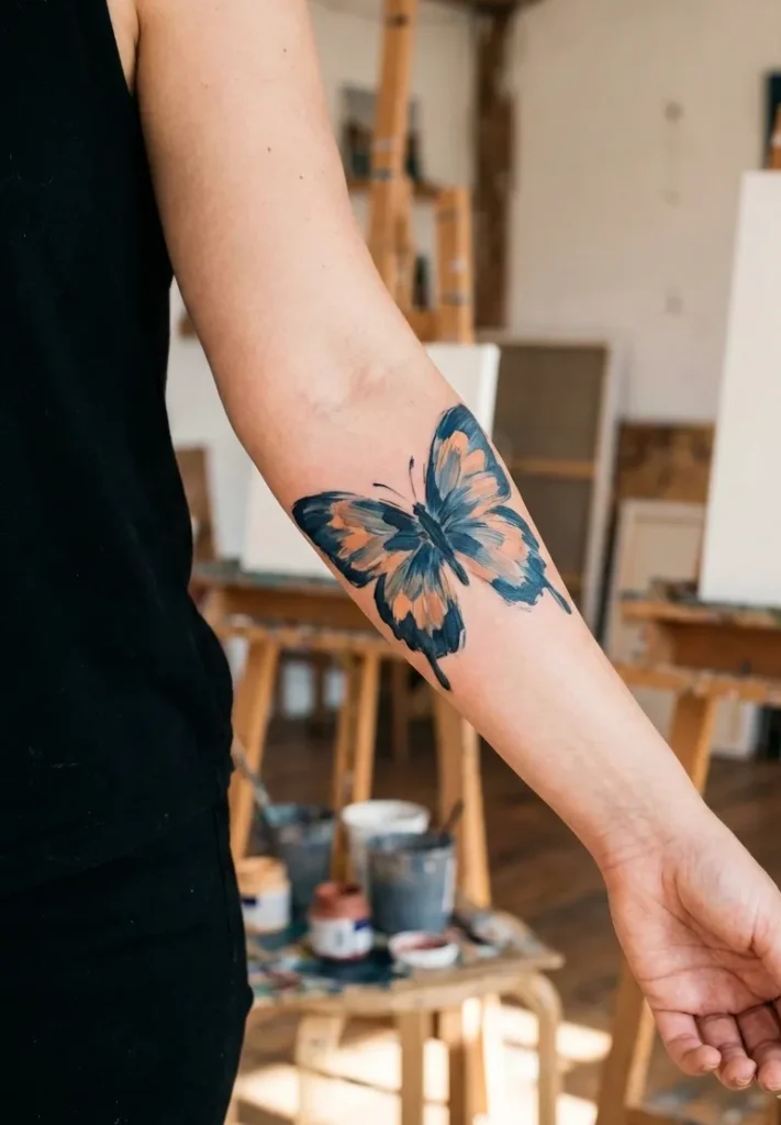 Butterfly Arm Tattoo with Artistic Brush Strokes