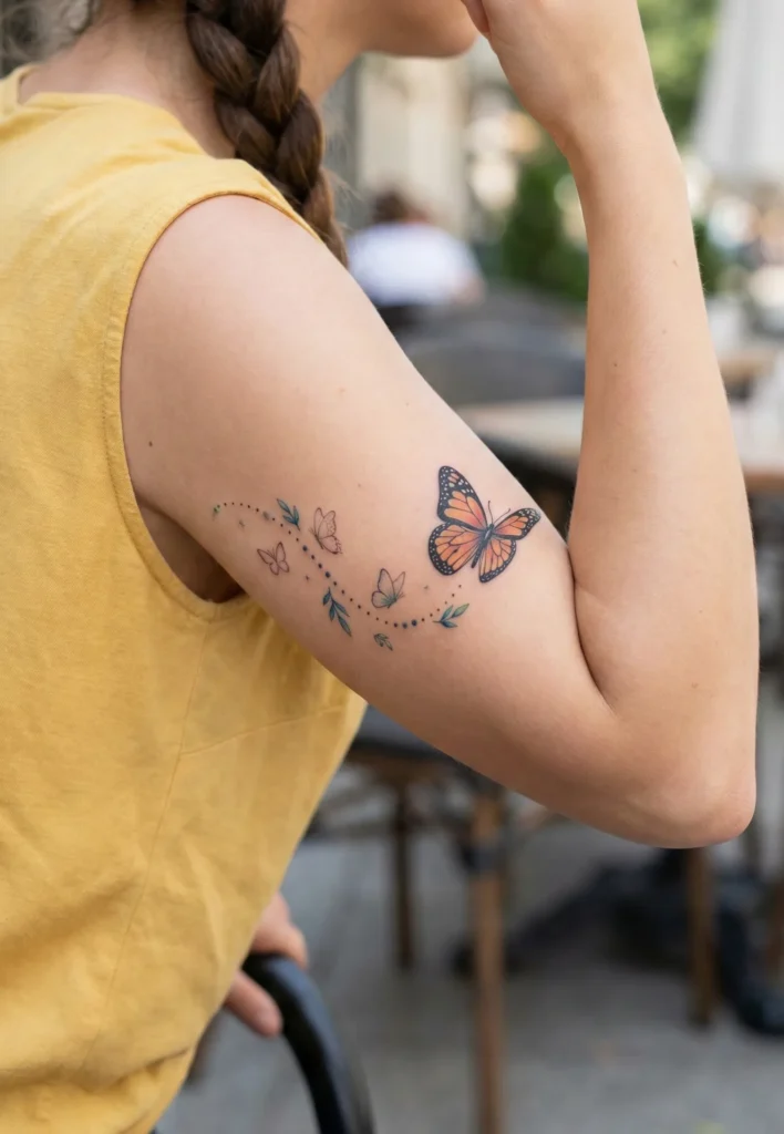 Butterfly Arm Tattoo with Flowing Flight Path