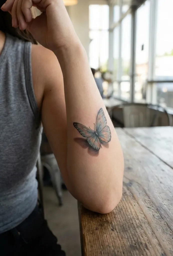 Butterfly Arm Tattoo with Soft Shadow Illusion