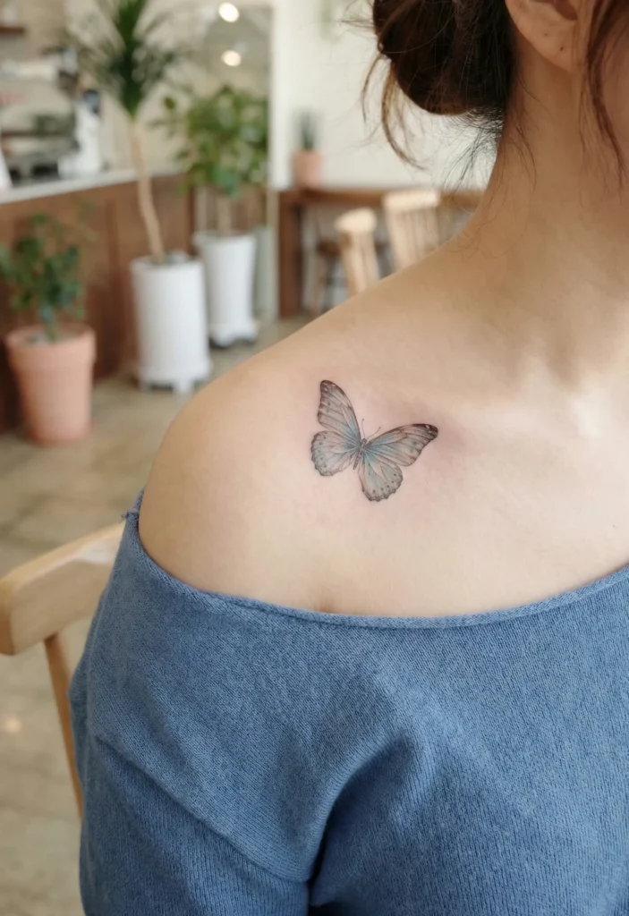 Butterfly Collarbone Tattoo Following the Bone Line