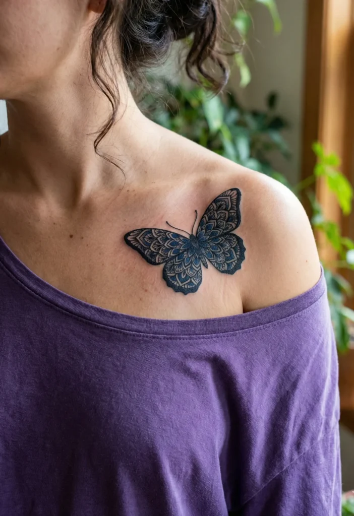 Butterfly Collarbone Tattoo With Mandala