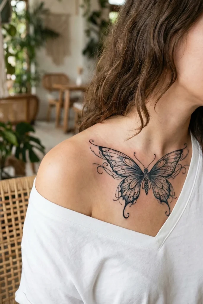 Butterfly Collarbone Tattoo with Elegant Wing Details