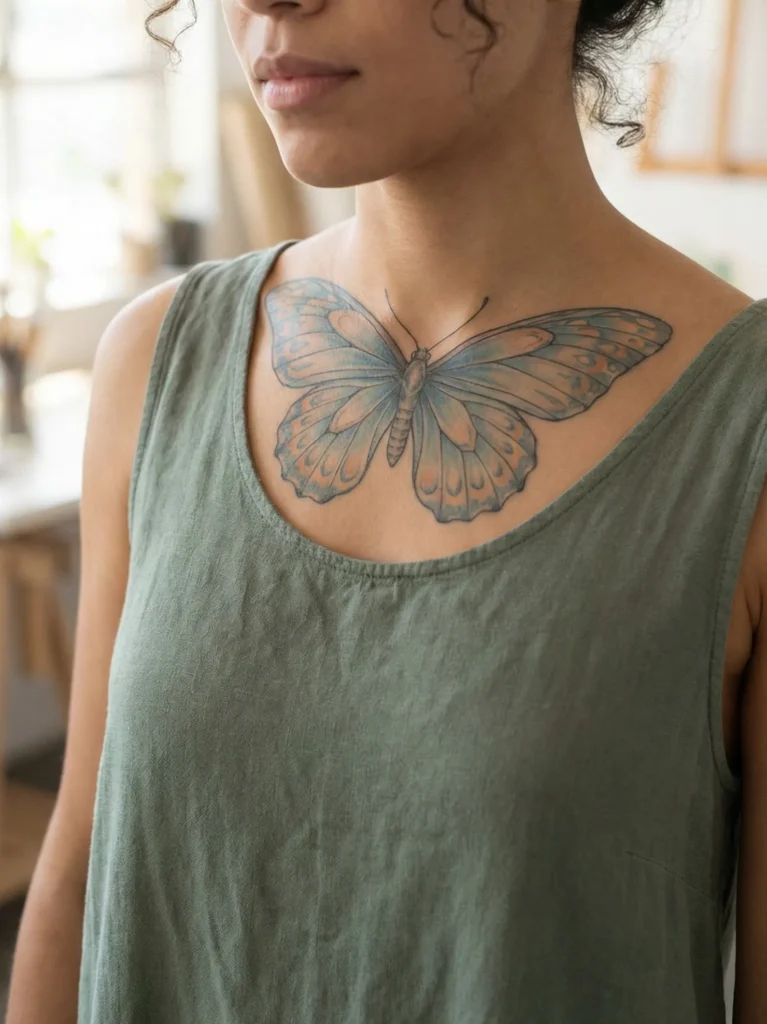 Butterfly Collarbone Tattoo with Open Wings