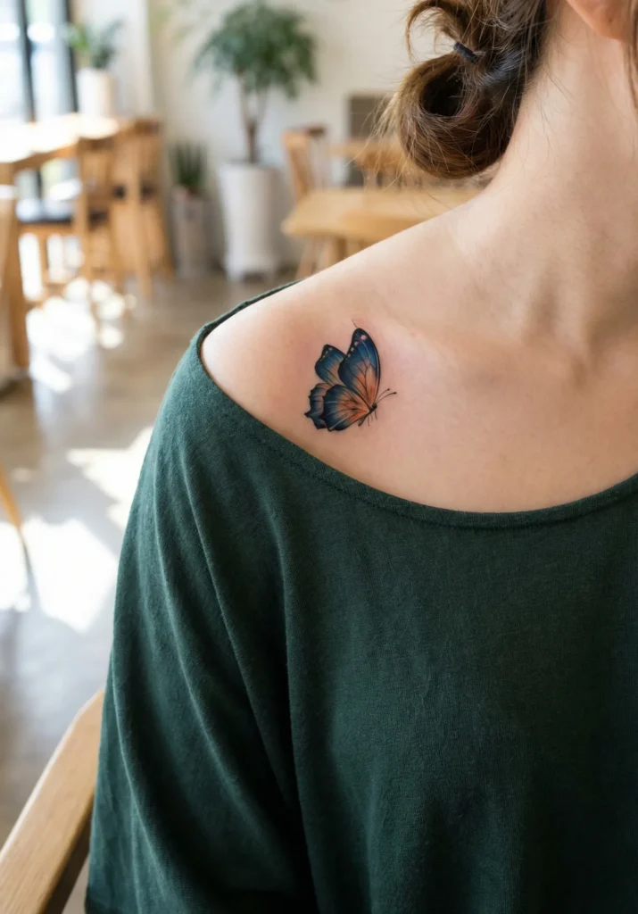 Butterfly Collarbone Tattoo with Overlapping Wings