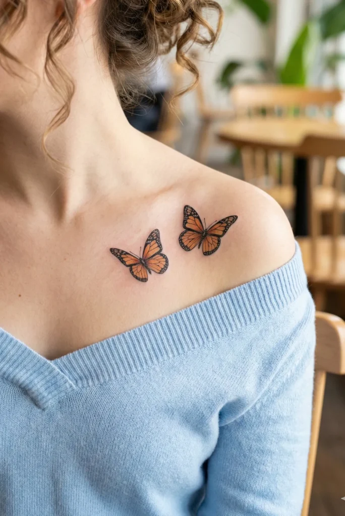 Butterfly Collarbone Tattoo with Paired Butterflies