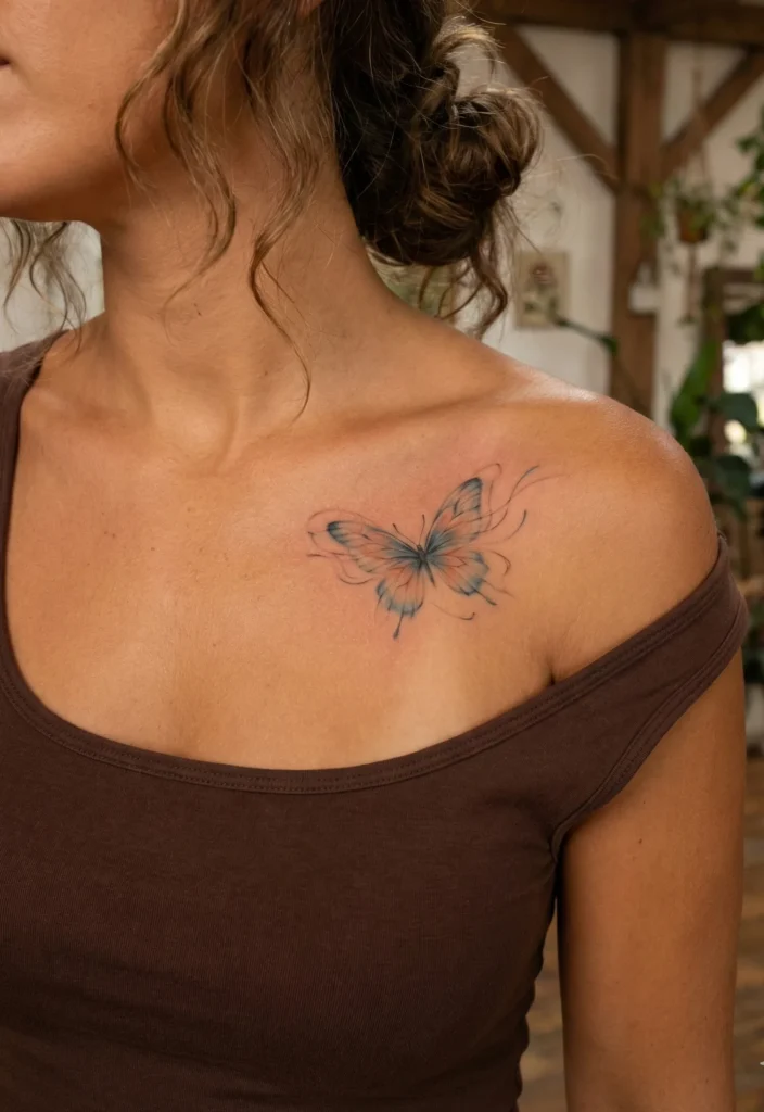 Butterfly Collarbone Tattoo with Subtle Motion Pose