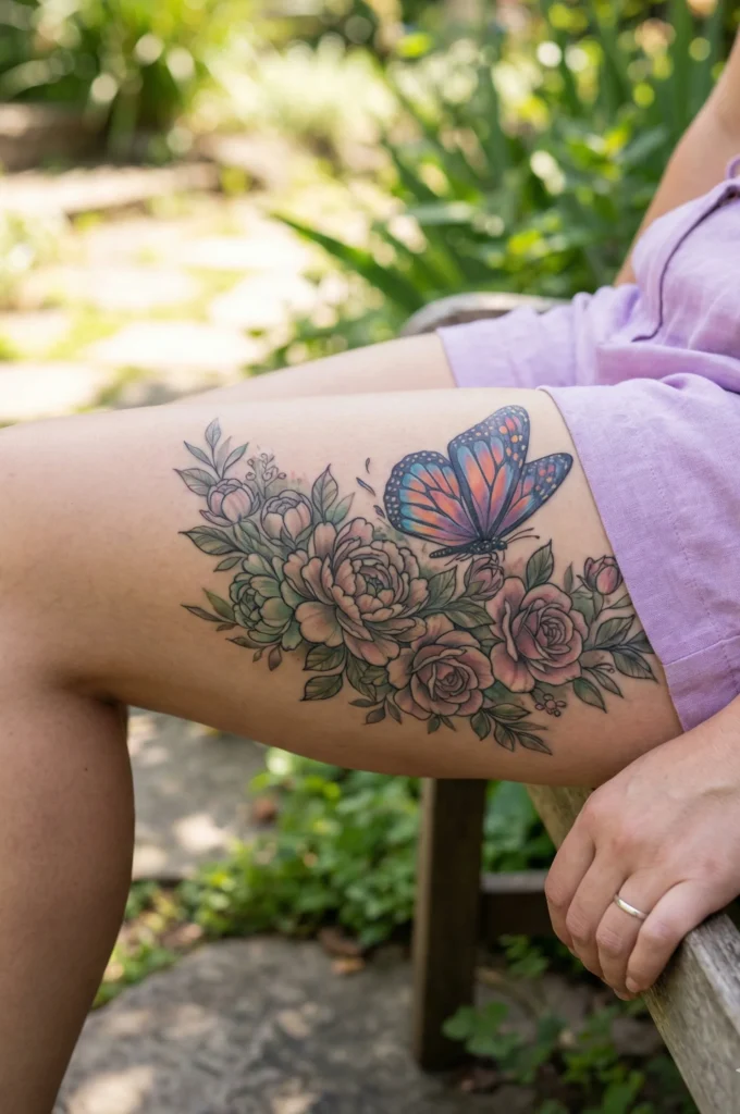 Butterfly Emerging from Floral Thigh Tattoo
