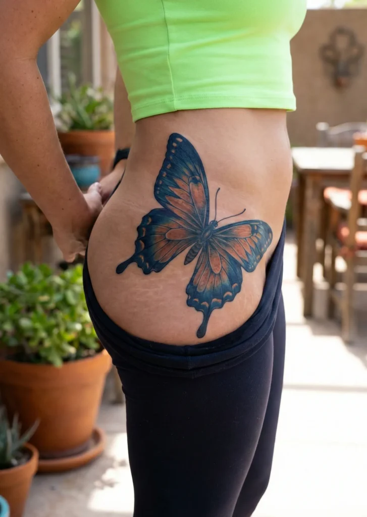 Butterfly Hip Tattoo Following the Natural Hip Dip