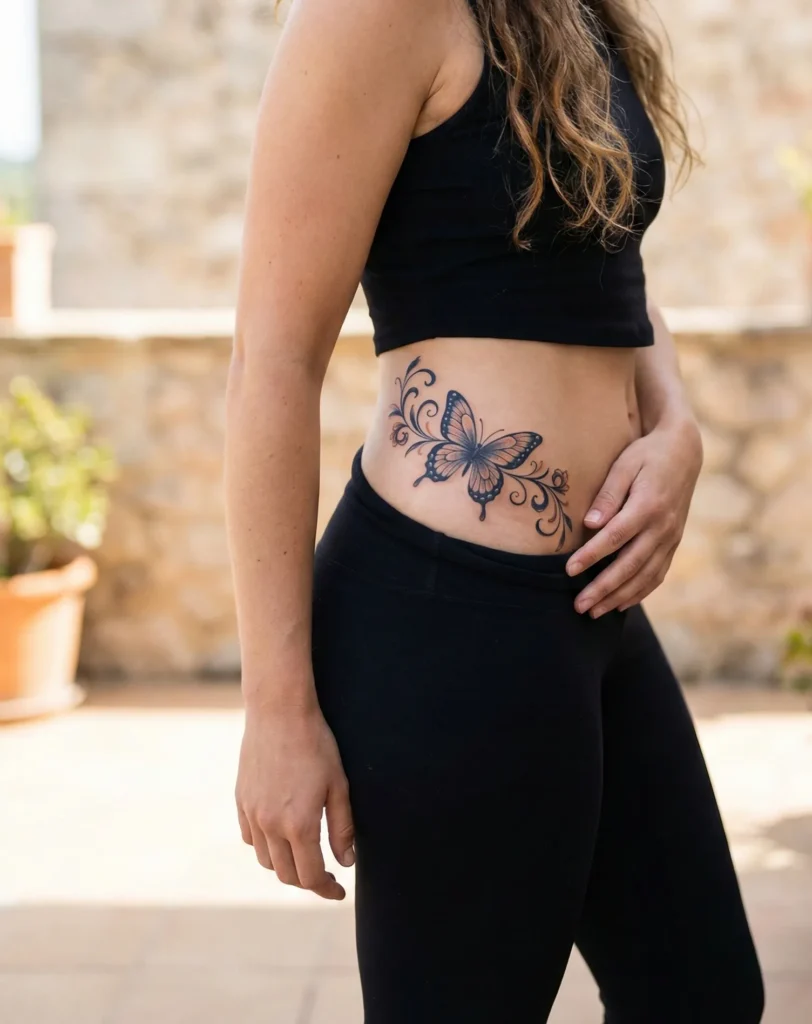 Butterfly Hip Tattoo with Curved Placement
