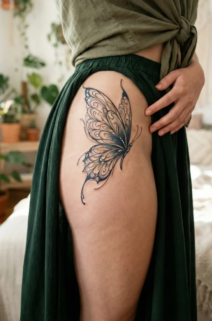 Butterfly Hip Tattoo with Elegant Wing Details