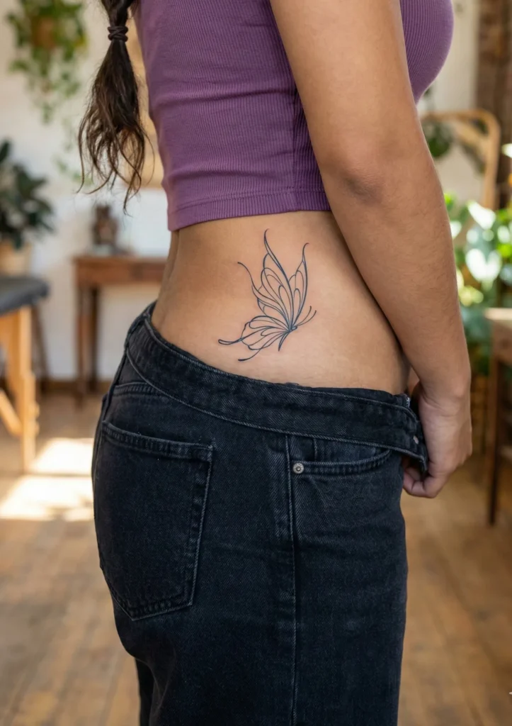 Butterfly Hip Tattoo with Refined Line Art