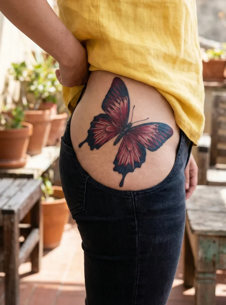 Butterfly Hip Tattoo with Staggered Wing Position