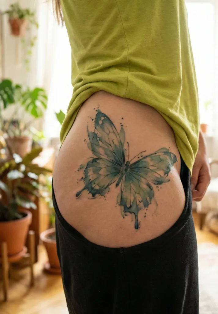 Butterfly Hip Tattoo with Subtle Ink Wash