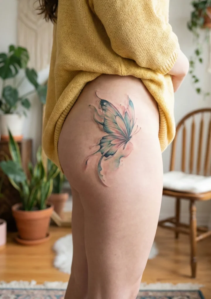 Butterfly Hip Tattoo with Watercolor Wings