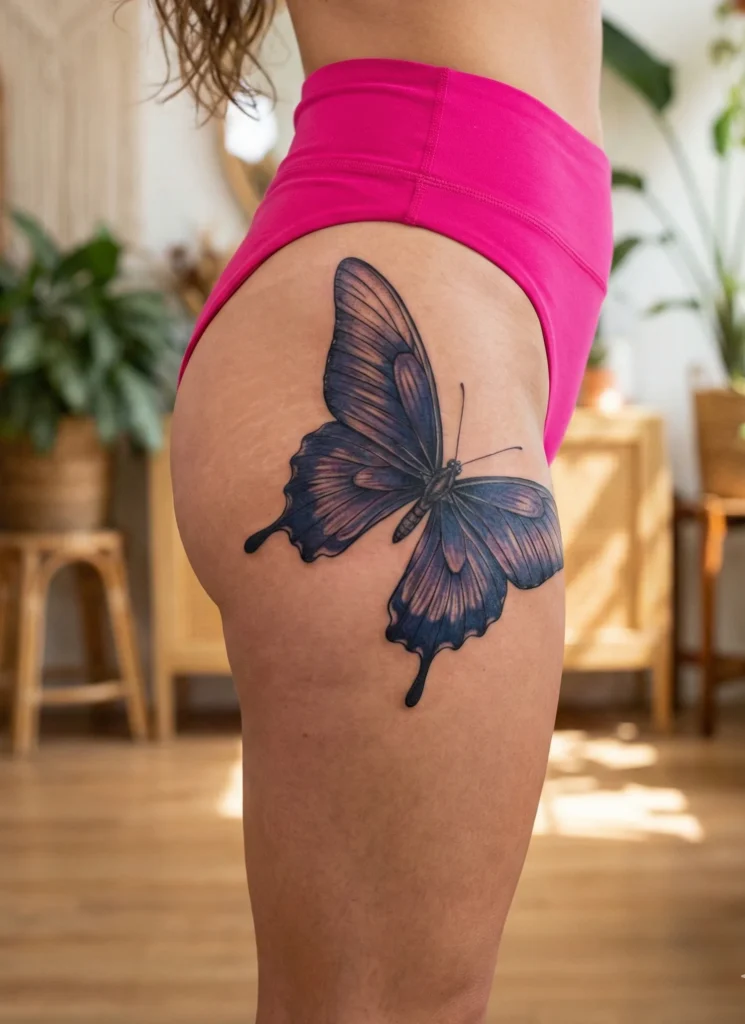  Butterfly Hip Tattoo with Wing Tip Touching the Thigh