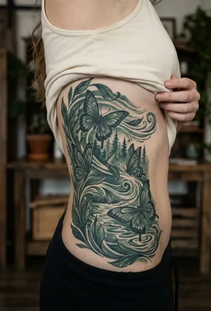 Butterfly Rib Tattoos Inspired by Nature (Leaves, Water, Wind)