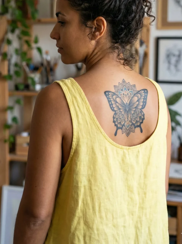 Butterfly Tattoo with Geometric Mandala Wings