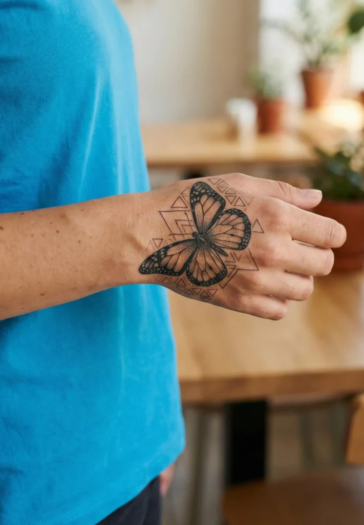 Butterfly Tattoo with Geometric Triangle Accents
