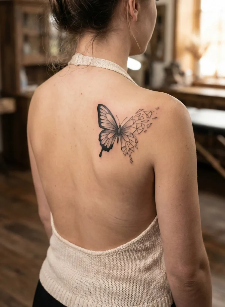 Butterfly Tattoo with Geometric Wing Fragments