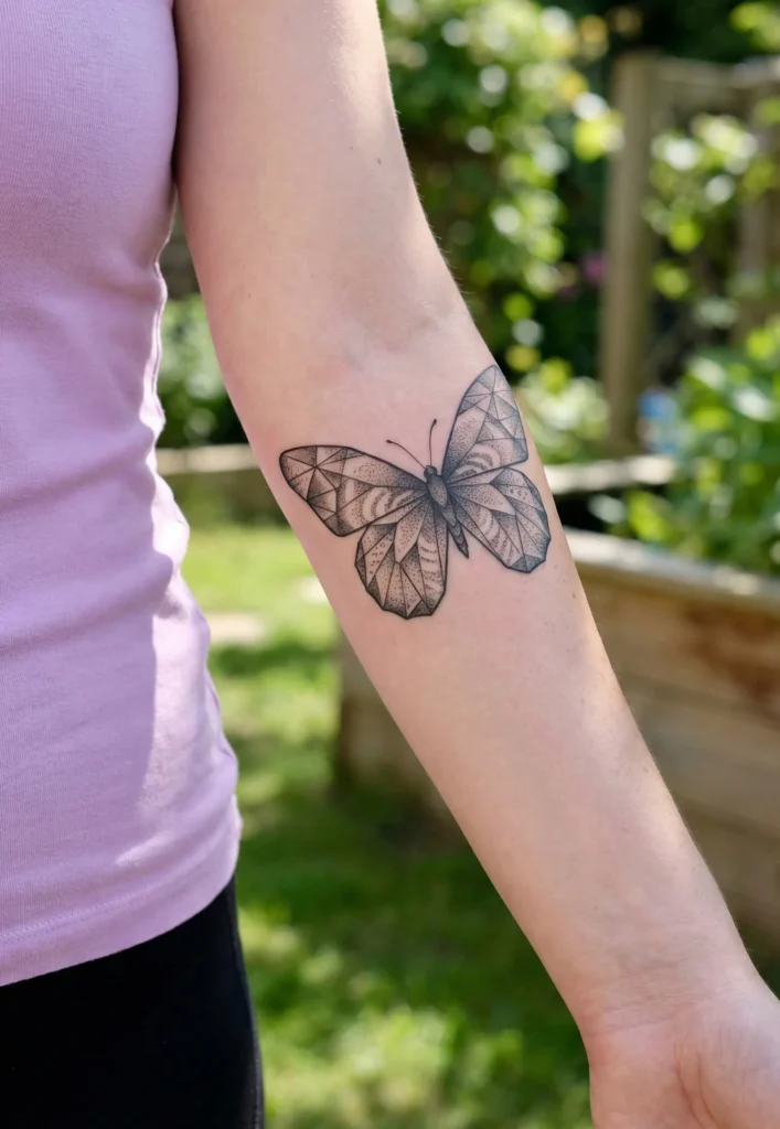 Butterfly Tattoo with Geometric Wing and Dotwork