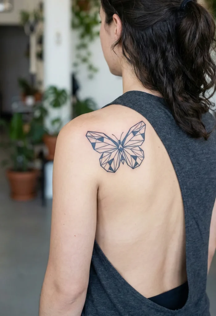 Butterfly Tattoo with Intersecting Line Geometry Wings