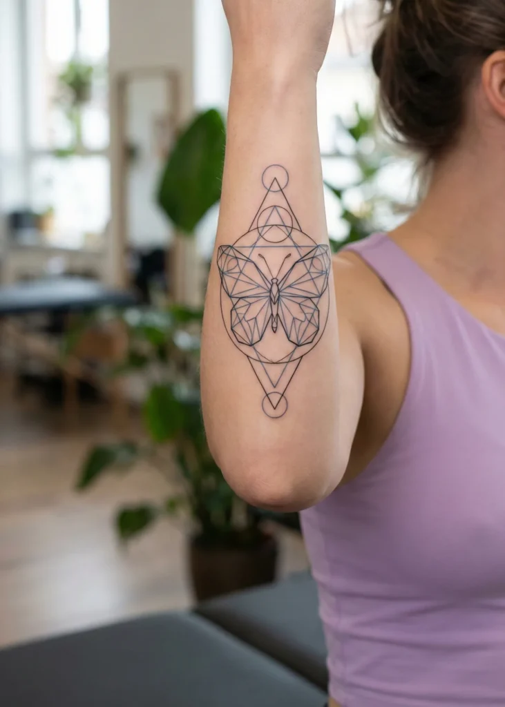 Butterfly Tattoo with Linework and Geometric Shapes
