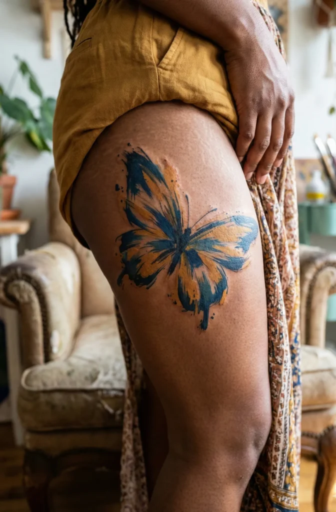 Butterfly Thigh Tattoo with Abstract Brush Strokes