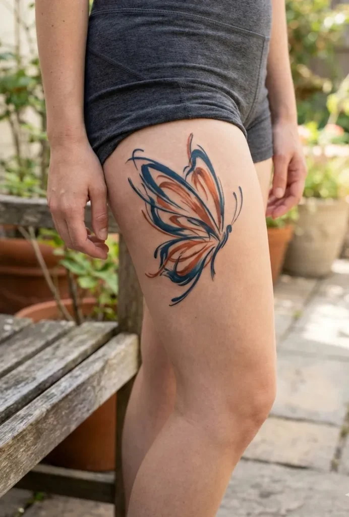 Butterfly Thigh Tattoo with Abstract Wing Design