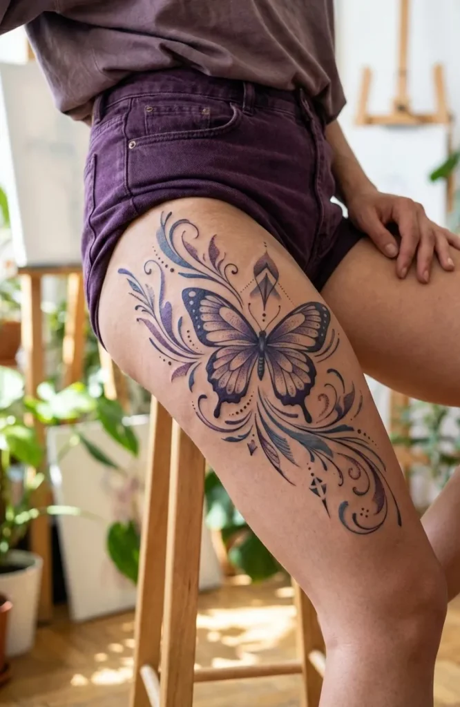 Butterfly Thigh Tattoo with Artistic Composition