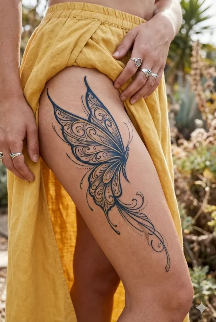 Butterfly Thigh Tattoo with Elegant Wing Details