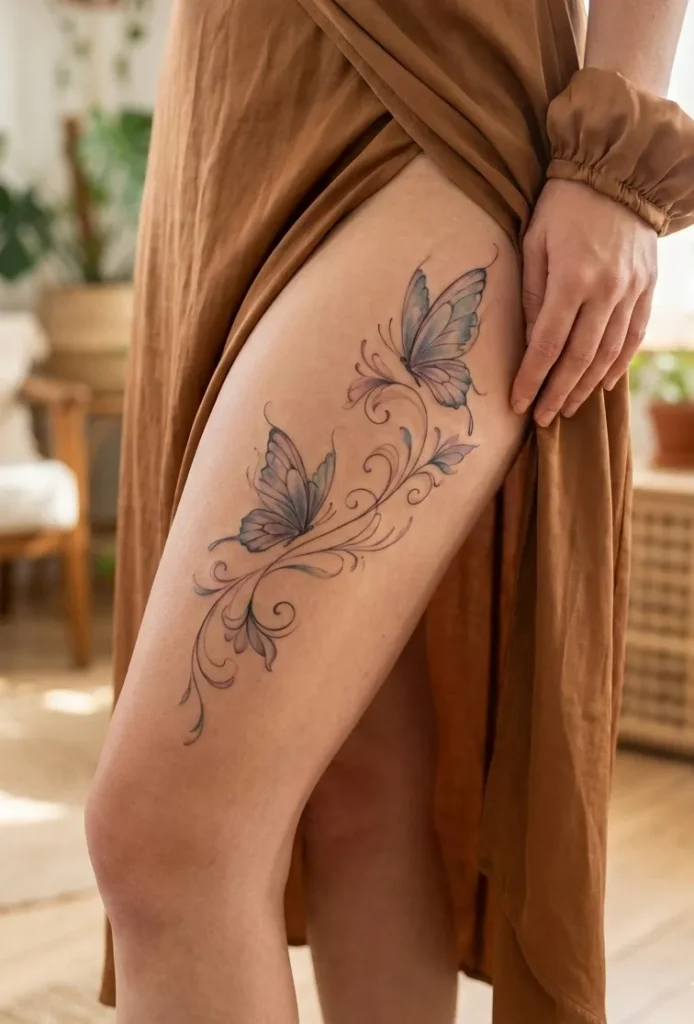 Butterfly Thigh Tattoo with Feminine Flow