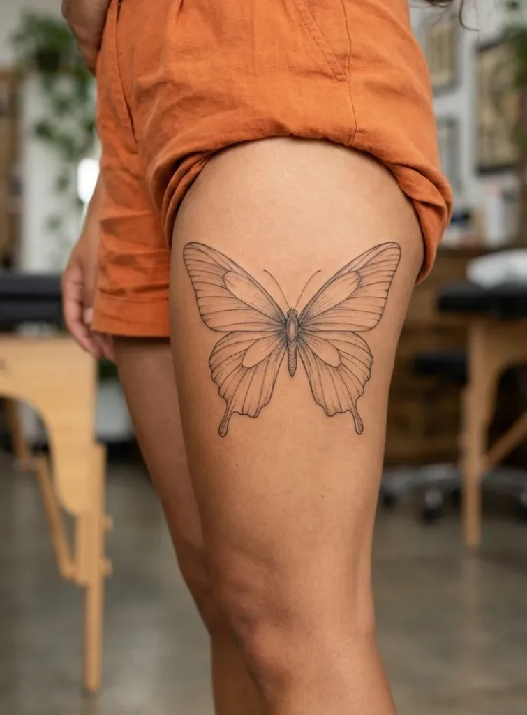 Butterfly Thigh Tattoo with Fine Line Art