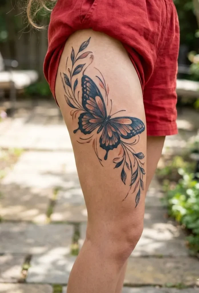 Butterfly Thigh Tattoo with Flowing Placement