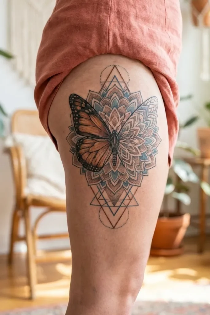Butterfly Thigh Tattoo with Geometric Patterns