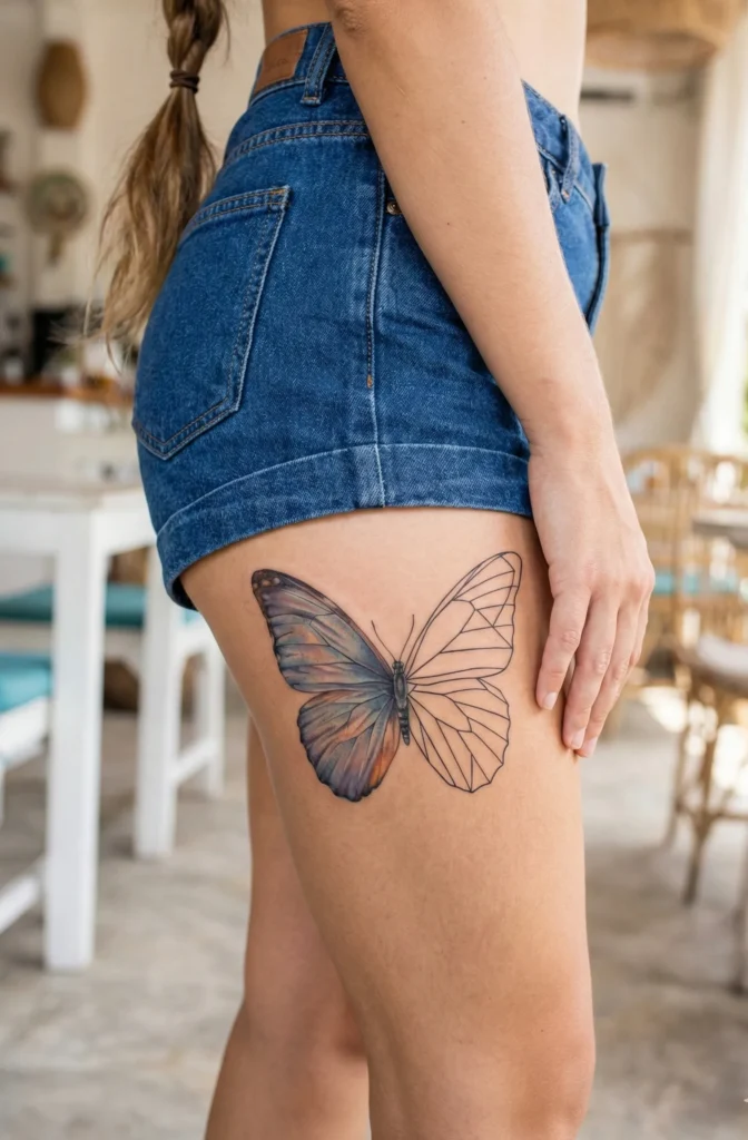 Butterfly Thigh Tattoo with Half-Realism Wings