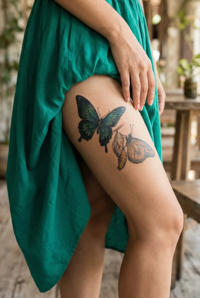 Butterfly Thigh Tattoo with Paired Butterflies