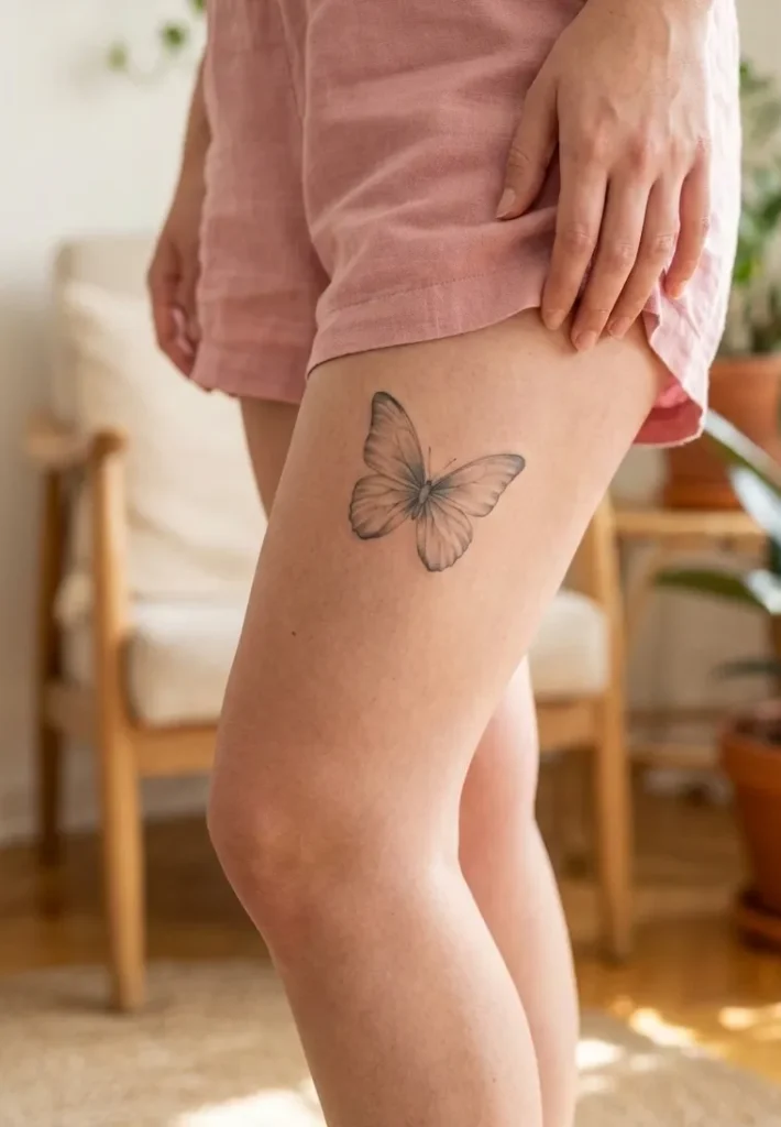Butterfly Thigh Tattoo with Soft Shading