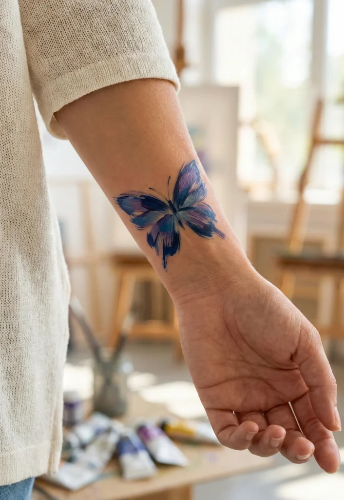 Butterfly Wrist Tattoo with Artistic Brush Colors