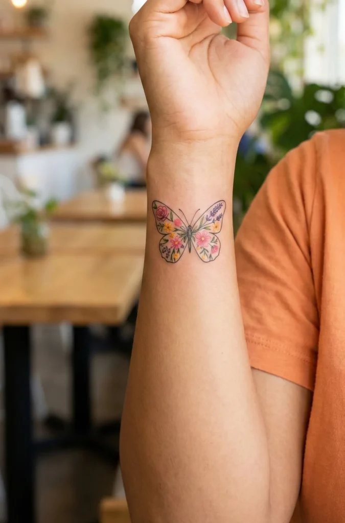 Butterfly Wrist Tattoo with Bright Floral Colors