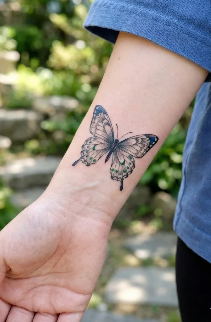 Butterfly Wrist Tattoo with Color Accents