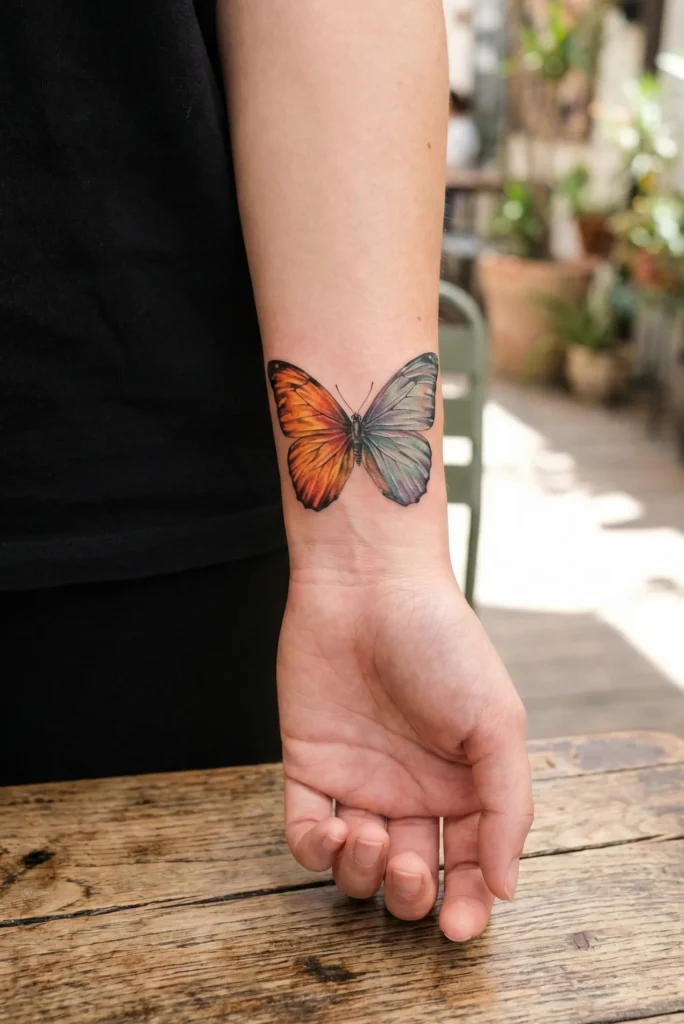 Butterfly Wrist Tattoo with Dual-Tone Wings