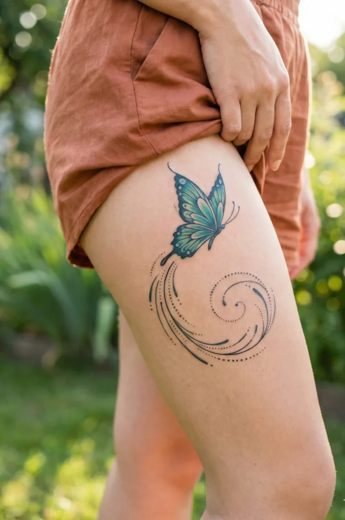 Butterfly in Spiral Motion Thigh Tattoo